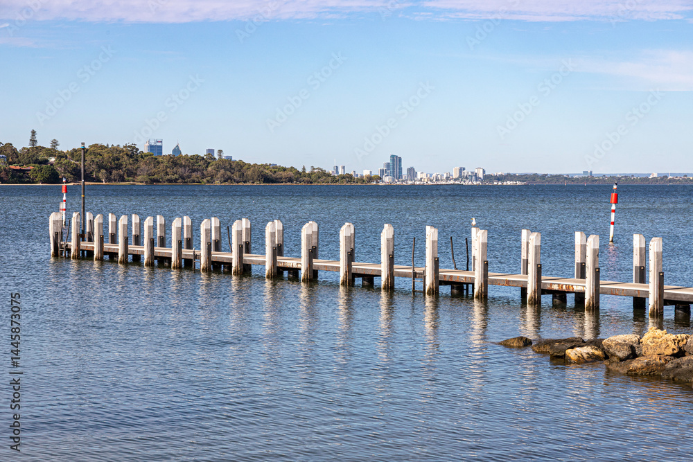 A wooden jetty at Point Walter Reserve (Dyoondalup) on the Swan River, Perth, Western Australia, WA, Australia