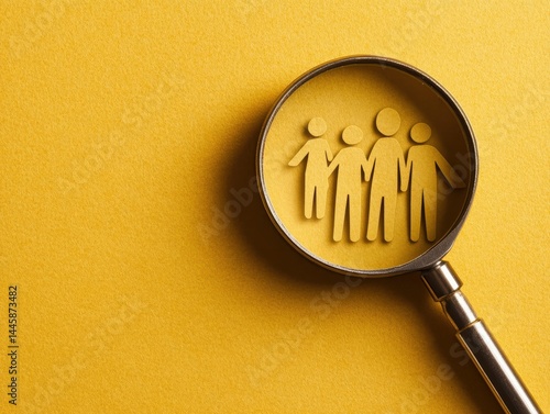 Family group focus under magnifying glass concept on bright gold backdrop top down macro perspective