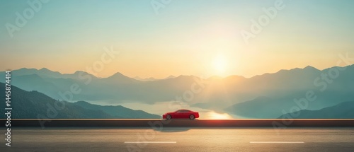 Scenic road trip with a luxury red car cruising through mountain views during sunset adventure journey