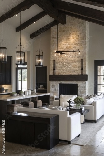 Sophisticated Interior Design with Stone Fireplace Beams Pendant Lights Comfortable Sofa and Kitchen Island