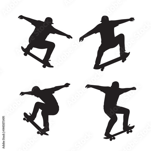 Freestyle skateboard silhouettes showing riders in trick variations from push to flip

