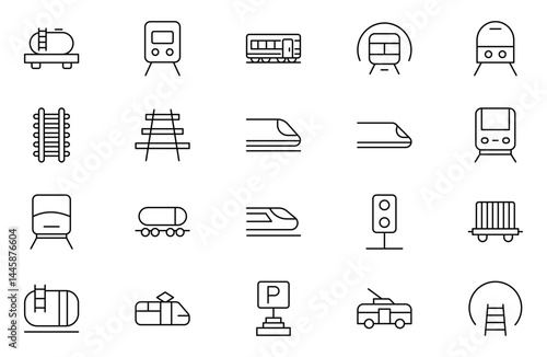 Train and railways Outline icon set. intercity, international, freight trains, linear icons. Train station line icons. Editable stroke. Outline icon collection.