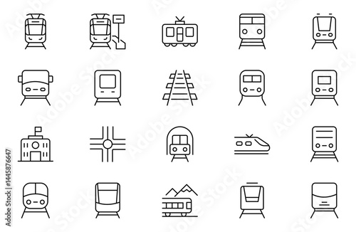 Train and railways Outline icon set. intercity, international, freight trains, linear icons. Train station line icons. Editable stroke. Outline icon collection.
