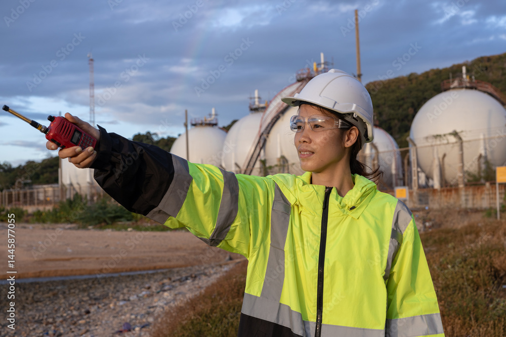 Female engineer communicates with colleagues to discuss natural gas separation issues Female engineer communicates with colleagues to discuss natural gas separation issues