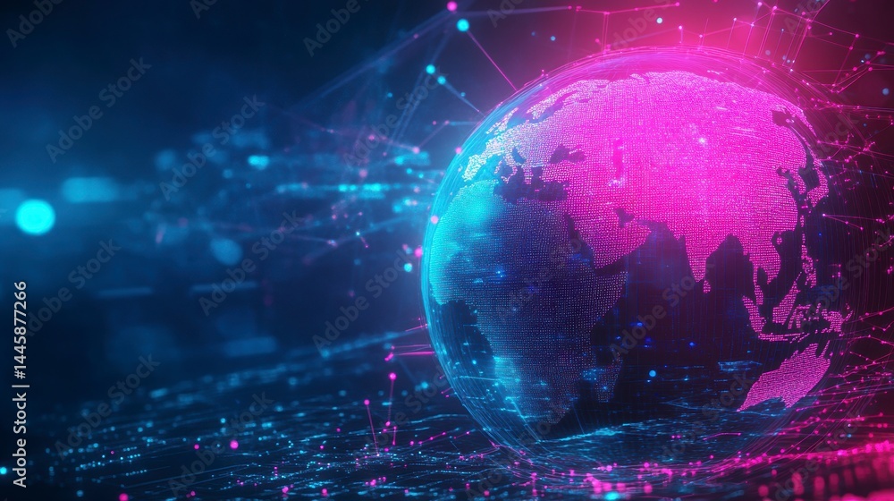 Fototapeta premium Global network connection, digital earth glowing with pink and blue light, representing data flow and communication.
