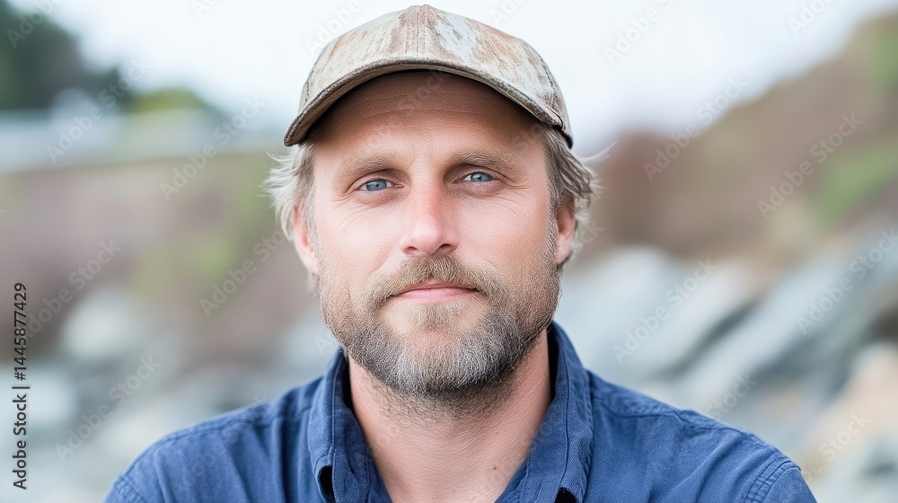 Man with a cap outdoors, serious expression Man with a cap outdoors, serious expression