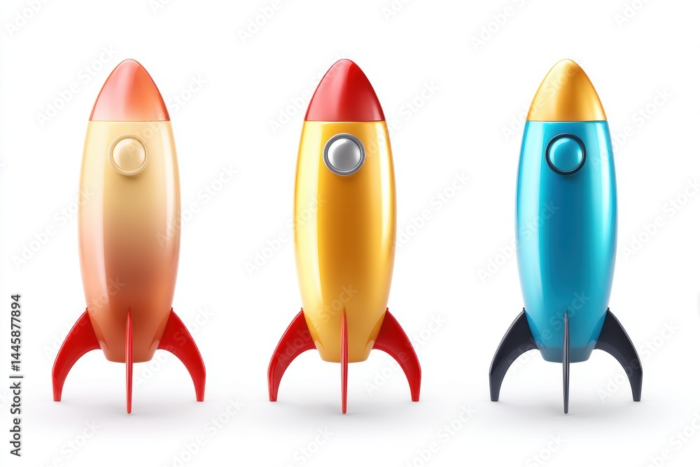 Fototapeta premium 3D rocket icons featuring hyper-realistic minimalist design set against a clean white background