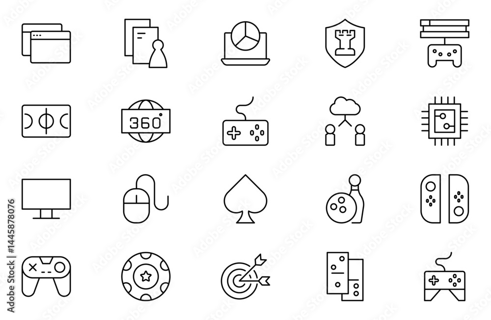 Games line icon set. Gaming icon elements containing points and life bars, console, player, chess, multiplayer, casino and mobile game icons. vector illustration. Games line icon set. Gaming icon elements containing points and life bars, console, player, chess, multiplayer, casino and mobile game icons. vector illustration.