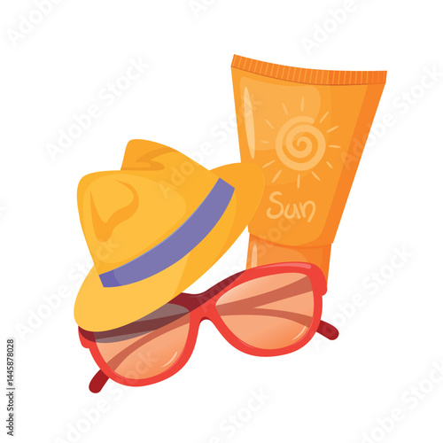 Vector illustration with summer items a sun hat, a pair of red sunglasses, and a tube of sunscreen. The design is bright, ideal for summer promo, travel brochures, and vacation advertisements.
