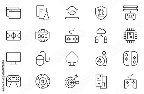 Games line icon set. Gaming icon elements containing points and life bars, console, player, chess, multiplayer, casino and mobile game icons. vector illustration.