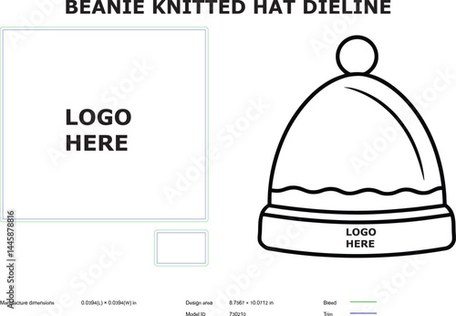 Beanie hat dieline template illustration for mockup design and customization with logo placement areas