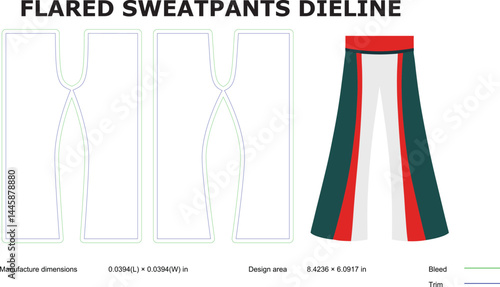 Flared sweatpants dieline template for fashion design and manufacturing with dimension details and cutting lines