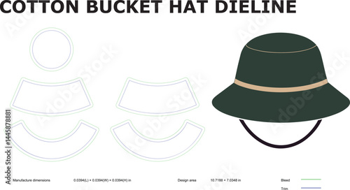 Green Cotton Bucket Hat Dieline and Apparel Design Template for Fashion Product Development