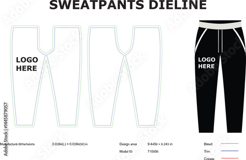 Sweatpants technical drawing dieline with dimensions template design area and logo placement for apparel manufacturing