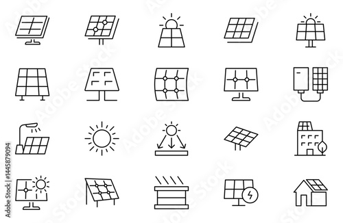 Solar panel outline icon set. Sun power photovoltaic PV home system and renewable electric energy technology editable stroke line signs house, cell, battery, vehicle