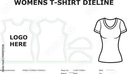 Womens tshirt dieline template illustration with dimensions and design area for mockup presentation and technical design