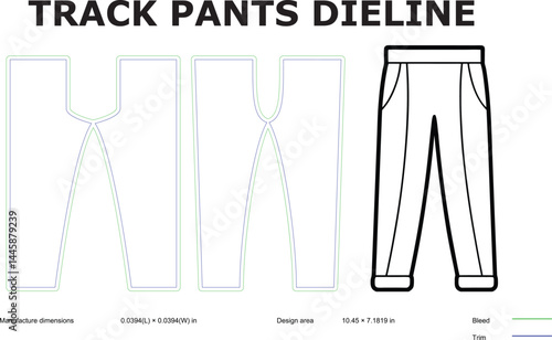 Illustration of track pants dieline technical drawing for fashion design pattern making