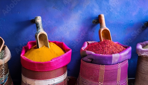 colorful spices in fabric bags with wooden scoops against textured wall in moroccan market traditional display of aromatic seasonings in pink red and purple containers