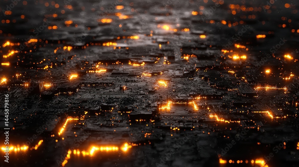 Obraz premium Glowing circuit board texture in dark grayscale scene