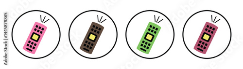 TV remote icons. Different colour TV remote icon set between circle. Remote icon for control and connectivity devices. Vector illustration.