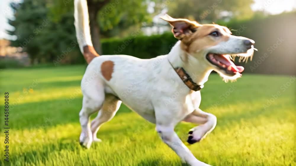 Joyful dog running freely on green grass during a sunny day, full of energy and happiness. Joyful dog running freely on green grass during a sunny day, full of energy and happiness.