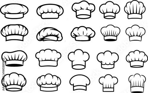 Chef, Baker, and Cook Hat vector Set – Black Vector Outline Collection of Culinary Headwear Including Toques, Caps, and Berets – Isolated on transparent Background