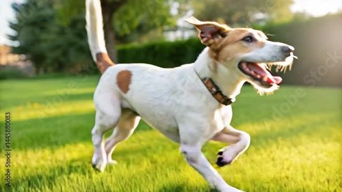 Joyful dog running freely on green grass during a sunny day, full of energy and happiness.