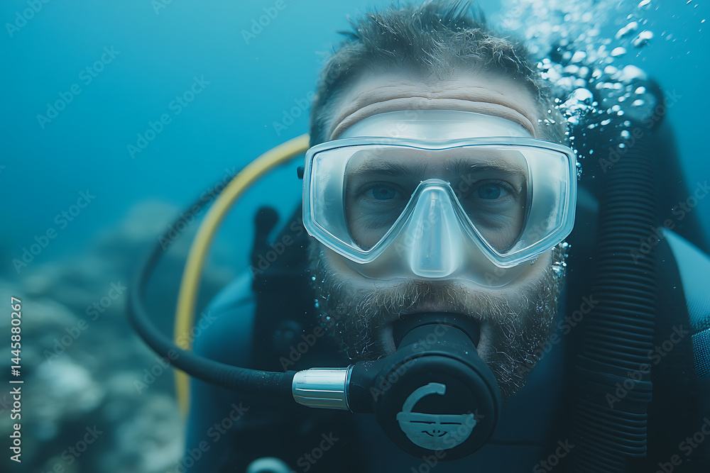 Diver in the blue sea. Close up portrait of scuba diver with full equipment. Underwater activities, diving, snorkeling in the blue ocean. Safety and exploration. Diver in the blue sea. Close up portrait of scuba diver with full equipment. Underwater activities, diving, snorkeling in the blue ocean. Safety and exploration.