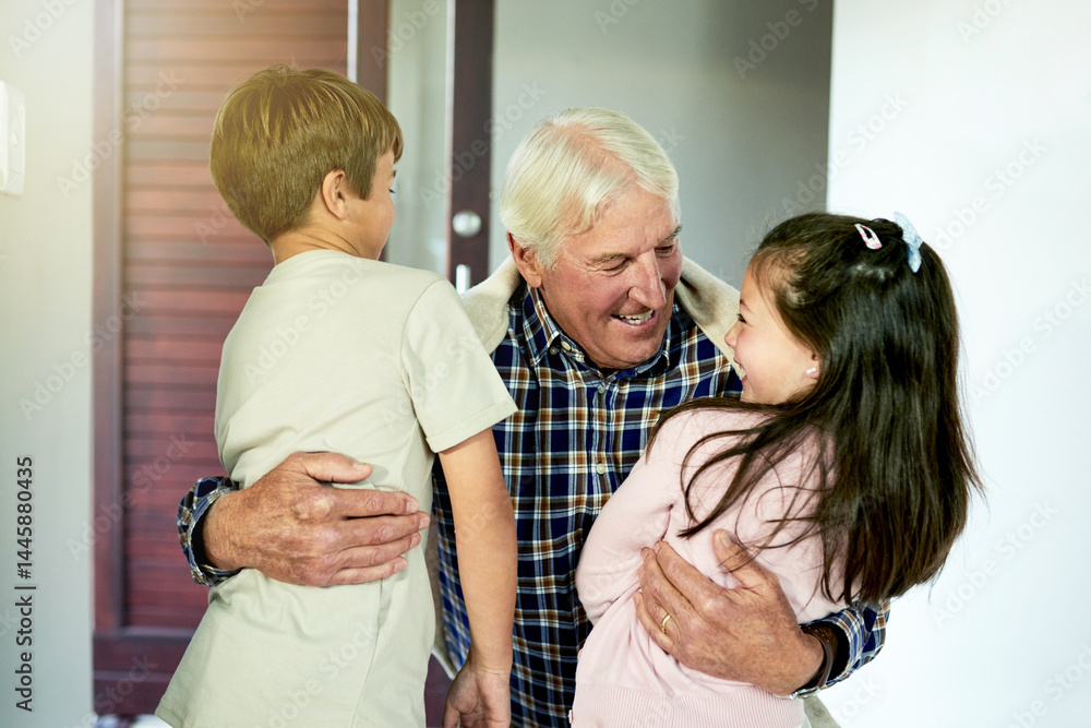 Fototapeta premium Kids, smile and hugging grandfather for visit in home with arrival welcome, greeting and reunion. Excited people, family connection and embrace by front door with bonding together and relationship