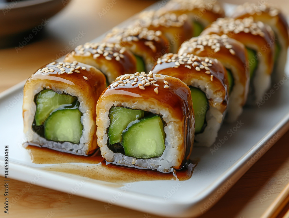 Enjoy cucumber and ginger sushi rolls, topped with sesame seeds and drizzled with a savory brown sauce, elegantly served on a rectangular white plate for a gourmet experience Enjoy cucumber and ginger sushi rolls, topped with sesame seeds and drizzled with a savory brown sauce, elegantly served on a rectangular white plate for a gourmet experience