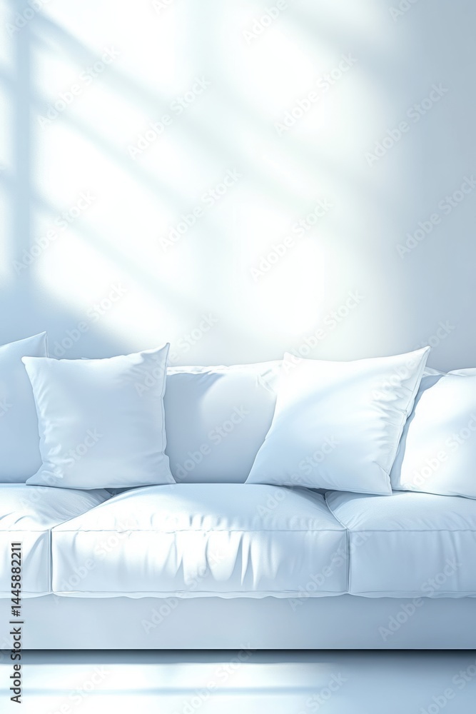 Obraz premium Tranquil Minimalist Interior Design with Clean White Sofa Cushions and Window Light Casting Shadow Patterns