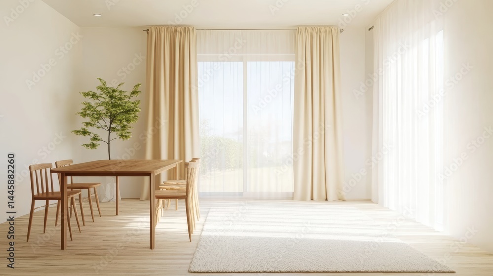 Fototapeta premium Bright Dining Room Interior with Wooden Table Chairs Beige Curtains Plant and Sunlight Casting Soft Shadows and a Minimalist Scandinavian Design