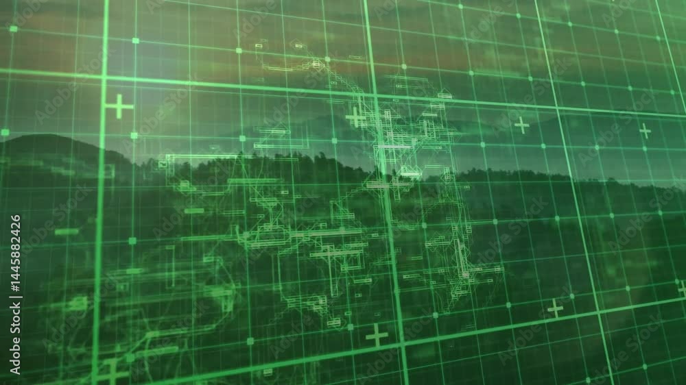 Green digital HUD overlay displaying grid and crosshair markers across mountain silhouette backdrop Green digital HUD overlay displaying grid and crosshair markers across mountain silhouette backdrop