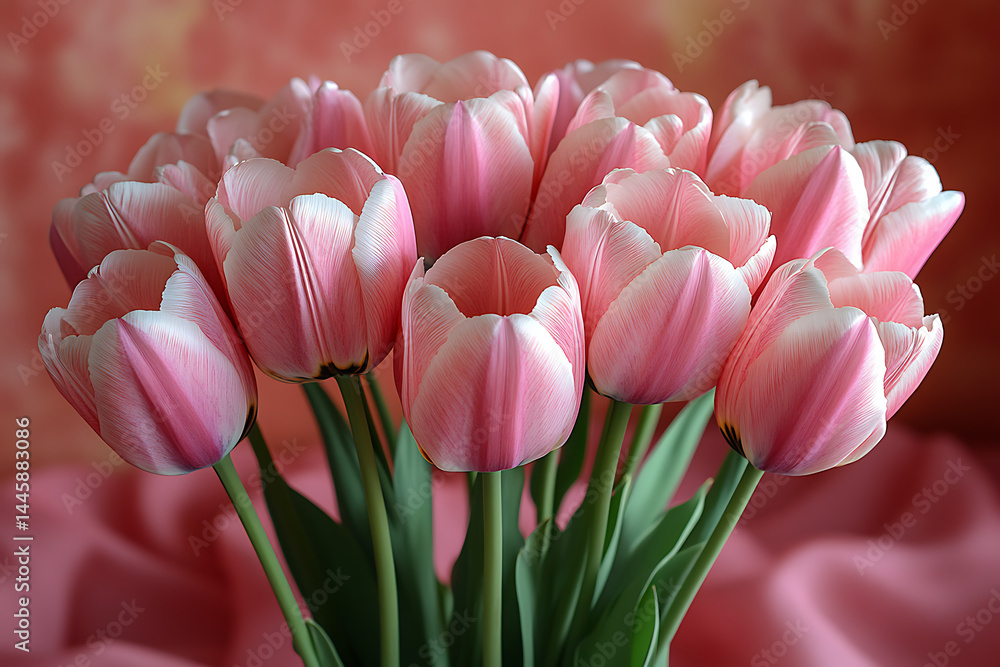Fototapeta premium Beautiful bouquet of pink tulips with soft white edges on pink background