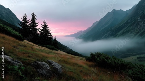 Tranquil Mountain Landscape During Sunrise with Mist, Forest, and Rolling Hills in a Natural Scene