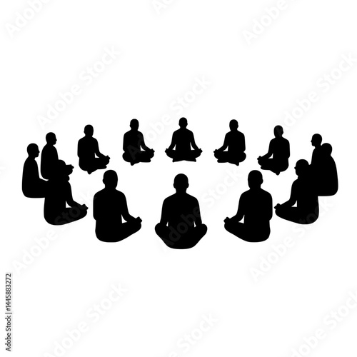 Group Meditation Spiritual Circle Gathering Black Vector Silhouette