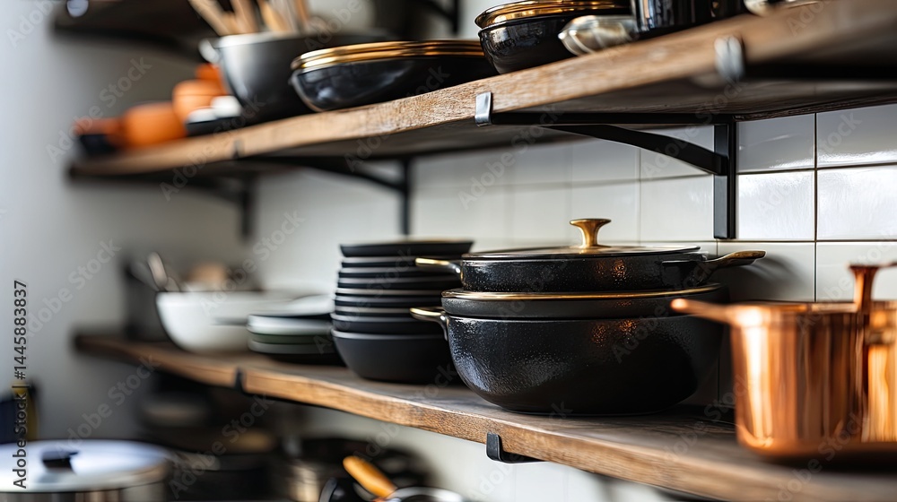 Organized kitchenware displayed on wooden shelves. Organized kitchenware displayed on wooden shelves.
