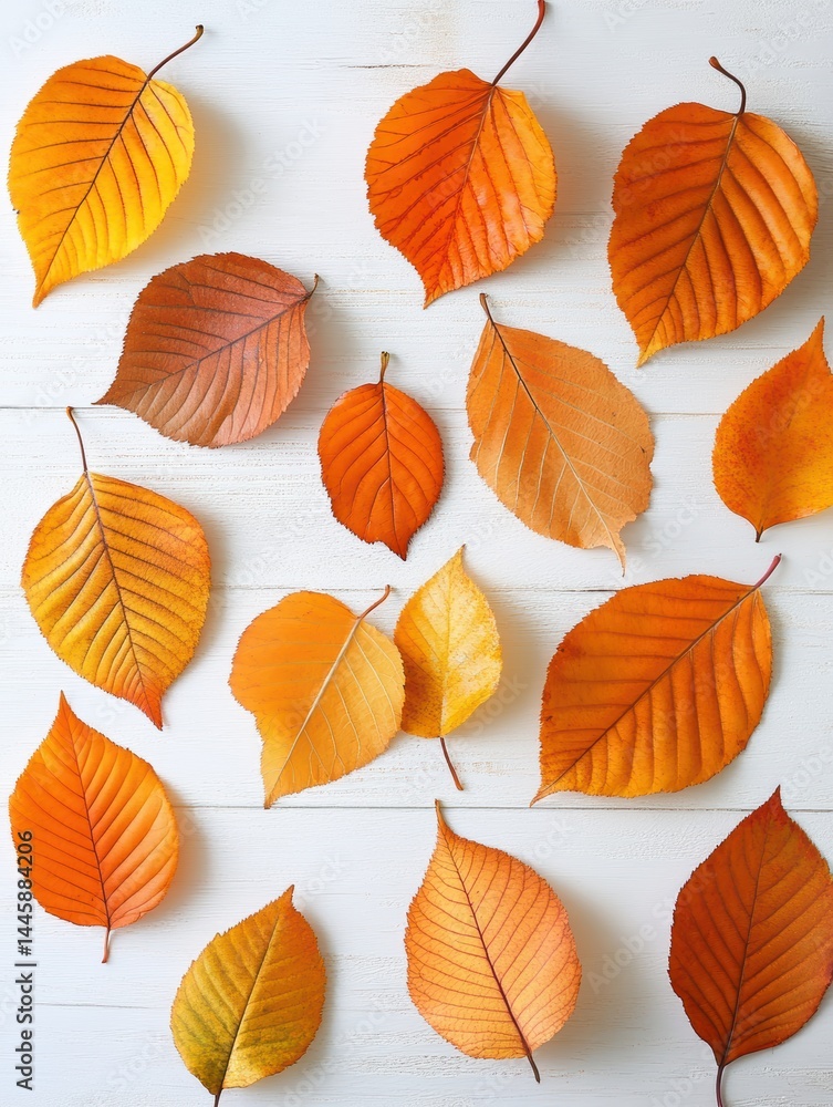 Obraz premium Autumnal arrangement of colorful leaves on white wooden background creating a captivating visual harmony