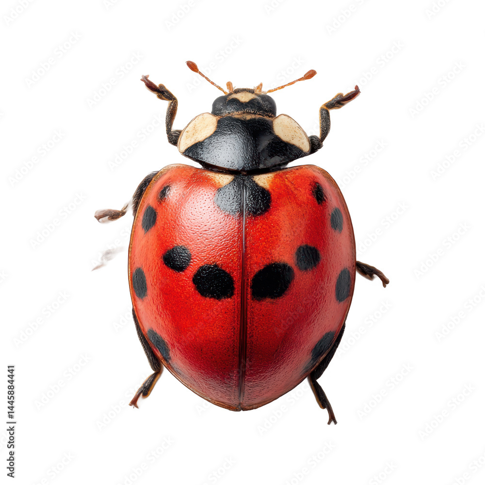 Isolated close up of a red ladybug with black spots on its shell Isolated close up of a red ladybug with black spots on its shell