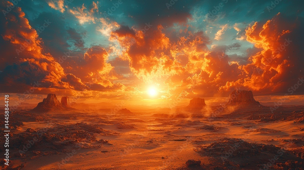 Fiery sunset over desolate desert landscape Fiery sunset over desolate desert landscape