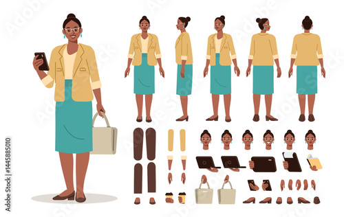 Casual business woman holding smartphone. Character constructor for animation. Front, side and back view set. Body parts, postures, poses collection. Vector illustration.