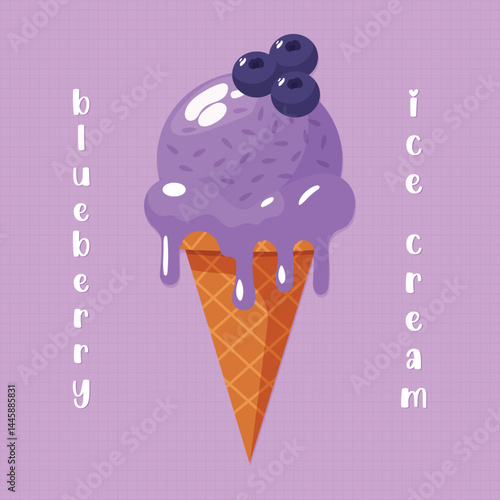 blueberry ice cream in waffle cone flat vector illustration.