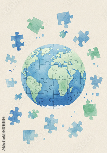 Earth puzzle pieces in watercolor style on a soft background  