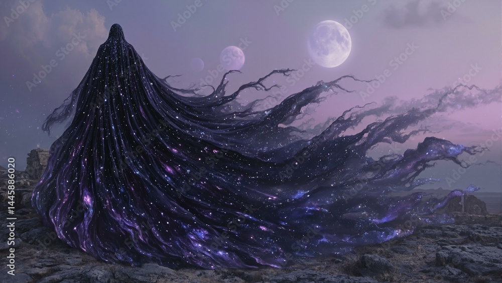 Fototapeta premium Fractured granite reveals amethyst depths, illuminated by moonlight on a mossy stone outcrop.