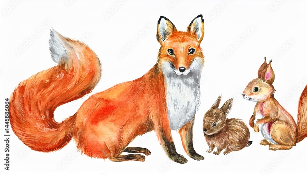 Obraz premium watercolor drawing forest animals squirrels red foxes and rabbits isolated at white background hand drawn illustration