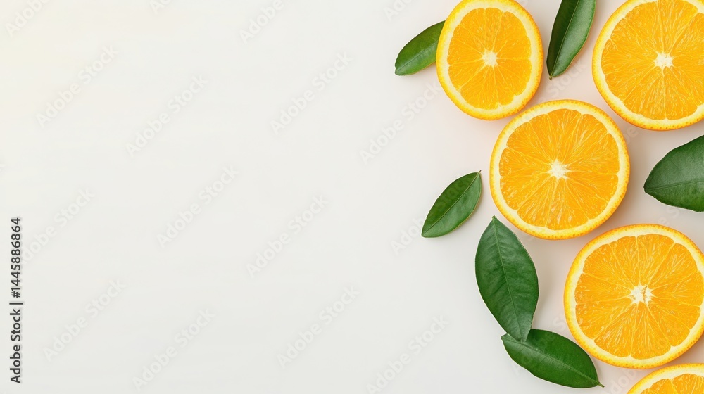 Vibrant Orange Slices with Lush Green Leaves on a Light Background Vibrant Orange Slices with Lush Green Leaves on a Light Background