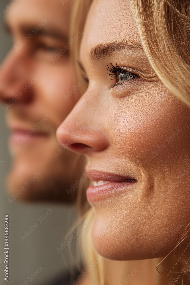 Obraz premium Beautiful woman and man in a close up portrait, happy and looking ahead