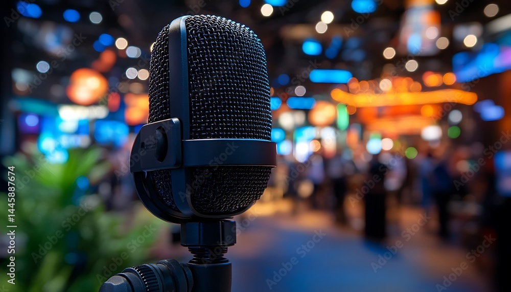 Close-up of microphone, blurred event background Close-up of microphone, blurred event background