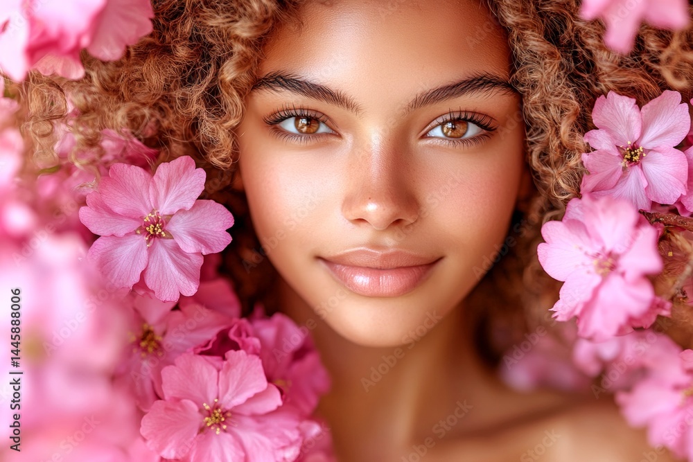 Naklejka premium Gorgeous middle eastern young woman surrounded by cherry blossoms. Spring mood, golden hour in sunset. Commercial promotion visual idea. Spring fashion woman with colorful flowers.