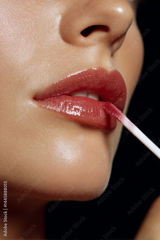 Naklejka premium A close-up shot of a person applying a glossy lip gloss, highlighting radiant lips and skin.